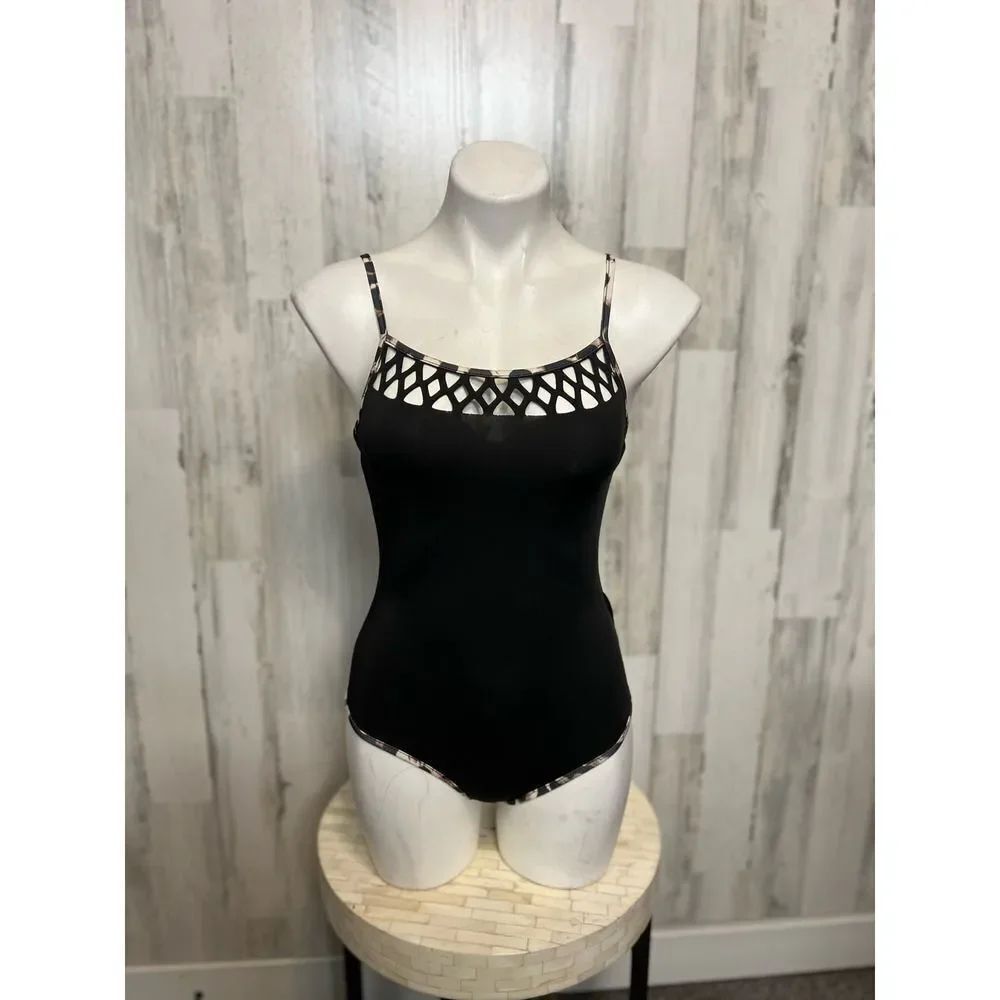 SHEIN Emery Rose Black Bodysuit Womens Size Small S Cage Lattice Leopard Trim NW